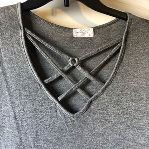 Grey (gray) T-shirt with criss cross neckline